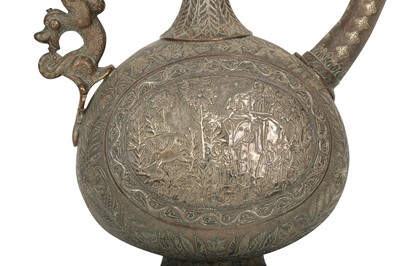 Lot 204 - A SILVER-OVERLAID COPPER ALLOY CEREMONIAL EWER WITH PARADE AND HUNTING SCENES