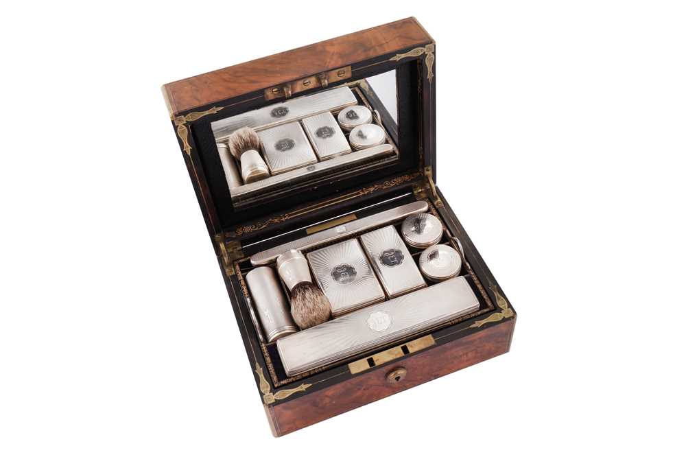 Lot 59 - A Victorian sterling silver fitted burr walnut gentleman’s travelling vanity case, London 1861 by Thomas Whitehouse