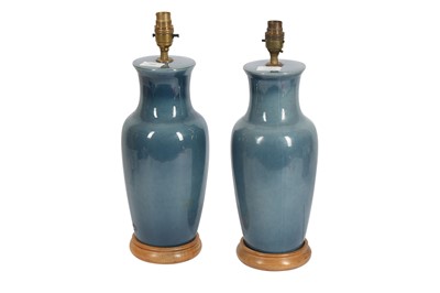 Lot 368 - A PAIR OF CHINESE STYLE BLUE POTTERY BALUSTER LAMPS, IN THE CHINESE TASTE, LATE 20TH CENTURY