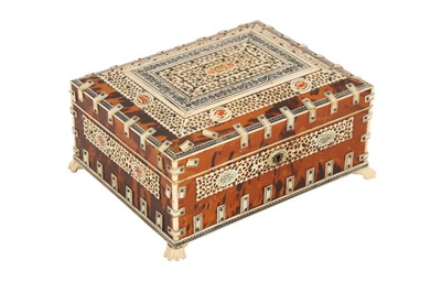 Lot 155 - λ AN ENGRAVED IVORY AND TORTOISESHELL-OVERLAID CARVED SANDALWOOD NÉCESSAIRE TRAVEL BOX