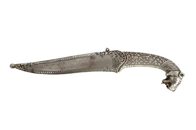 Lot 133 - A SILVER-INLAID LION-HEADED STEEL DAGGER (KHANJAR)