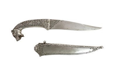 Lot 133 - A SILVER-INLAID LION-HEADED STEEL DAGGER (KHANJAR)