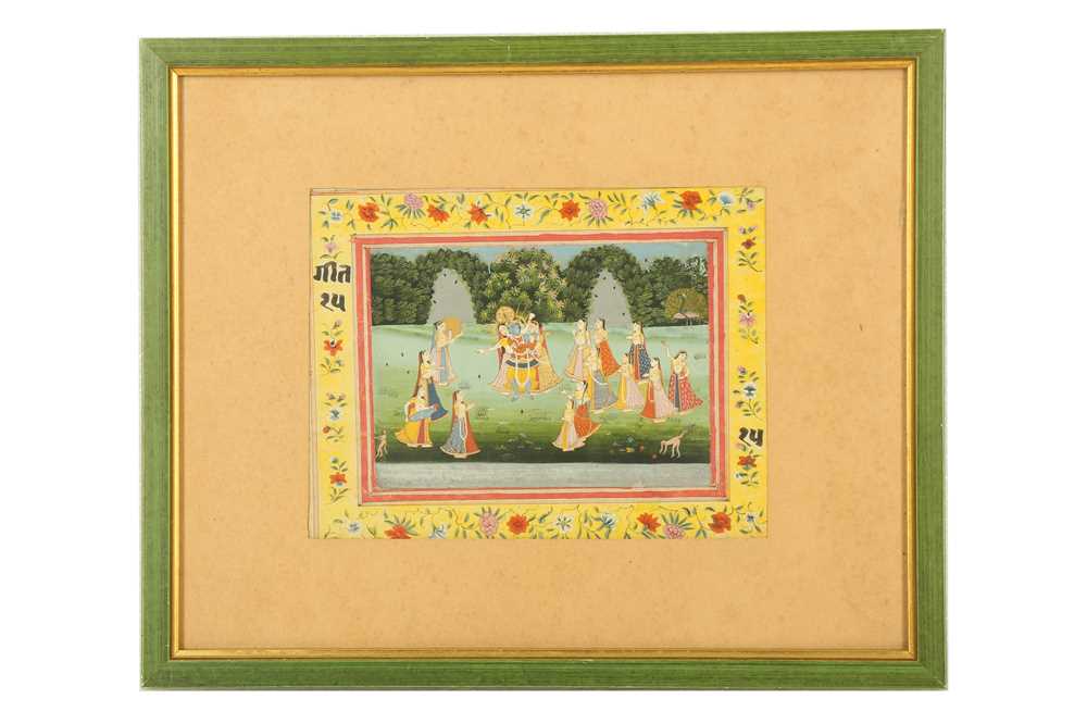 Lot 334 - AN ILLUSTRATION FROM A RAS LILA SERIES: KRISHNA DANCING WITH THE GOPIS