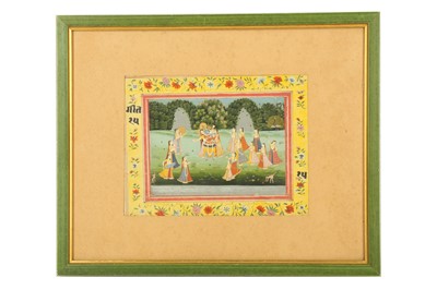 Lot 334 - AN ILLUSTRATION FROM A RAS LILA SERIES: KRISHNA DANCING WITH THE GOPIS