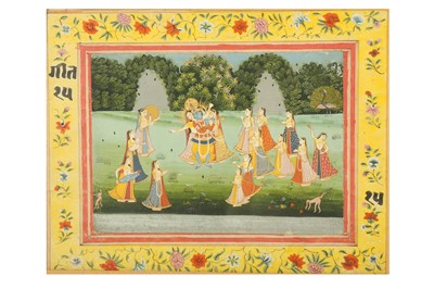 Lot 334 - AN ILLUSTRATION FROM A RAS LILA SERIES: KRISHNA DANCING WITH THE GOPIS