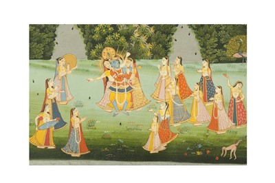 Lot 334 - AN ILLUSTRATION FROM A RAS LILA SERIES: KRISHNA DANCING WITH THE GOPIS