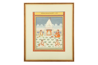 Lot 332 - A JAIN ILLUSTRATION: A PUJA IN FRONT OF A JAIN SHRINE WITH TIRTHANKARA