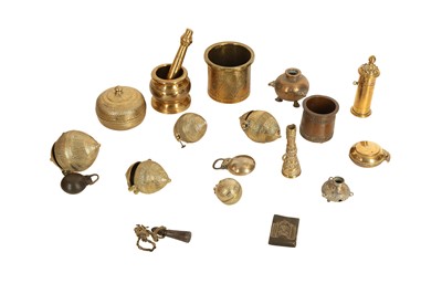 Lot 167 - A MISCELLANEOUS GROUP OF BRASS MINIATURE VESSELS AND COSMETIC TOOLS