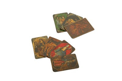 Lot 273 - SEVEN QAJAR LACQUERED PAPIER-MÂCHÉ PLAYING CARDS