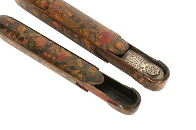 Lot 113 - TWO QAJAR LACQUERED PAPIER-MÂCHÉ QALAMDANS (PEN BOXES)