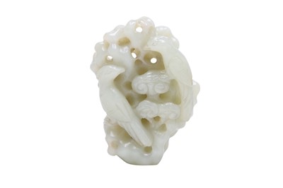 Lot 616 - A CHINESE PALE CELADON JADE 'BIRDS AND LINGZHI' CARVING.