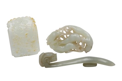 Lot 393 - THREE CHINESE WHITE JADE CARVINGS.