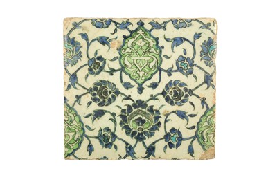 Lot 58 - A SQUARE DAMASCUS POTTERY TILE WITH ARABESQUE