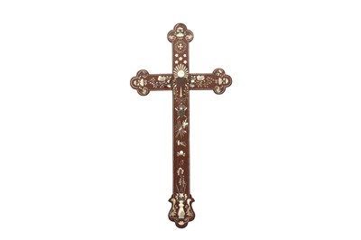 Lot 565 - A CHINESE MOTHER OF PEARL-INLAID WOOD CROSS.