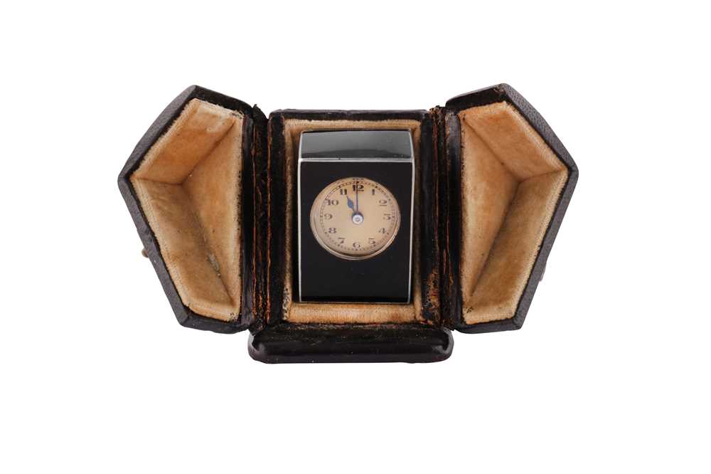 Lot 55 - A cased early 20th century French silver gilt and enamel timepiece, Paris circa 1920, makers mark obscured