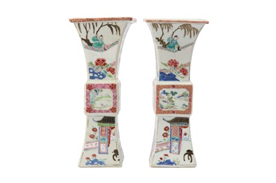Lot 66 - A PAIR OF CHINESE FAMILLE ROSE SQUARE-SECTION VASES, FANGGU.