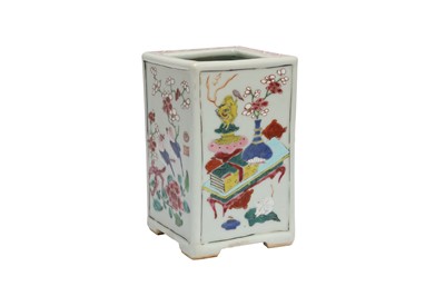 Lot 595 - A CHINESE FAMILLE ROSE SQUARE-SECTION BRUSH POT, BITONG.