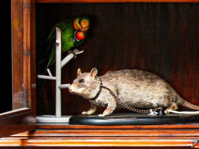 Lot 144 - A MASSIVE TAXIDERMY TROPICAL RAT WITH COLLAR AND CHAIN