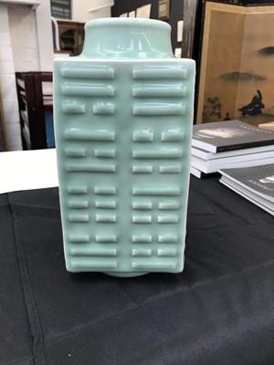 Lot 474 - A CHINESE CELADON-GLAZED EIGHT 'TRIGRAMS' VASE, CONG.