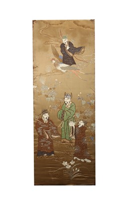 Lot 338 - A SET OF THREE JAPANESE EMBROIDERED PANELS.