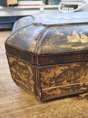 Lot 170 - λ A CHINESE LACQUER WOOD GILT-DECORATED 'TEA PRODUCTION' TEA CADDY.