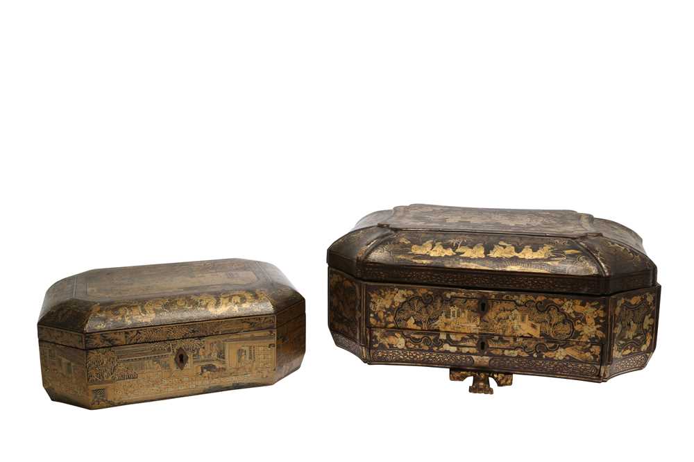 Lot 170 - λ A CHINESE LACQUER WOOD GILT-DECORATED 'TEA PRODUCTION' TEA CADDY.