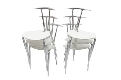 Lot 278 - A SET OF SIX ALUMINIUM AND WHITE LACQURED WOOD CHAIRS