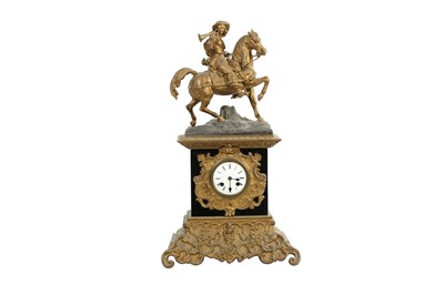 Lot 436 - A FRENCH GILT SPELTER AND EBONISED WOOD MANTEL CLOCK, 19TH CENTURY