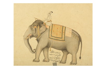 Lot 607 - A MUGHAL-REVIVAL TINTED DRAWING OF AN INDIAN PRINCE RIDING AN ELEPHANT