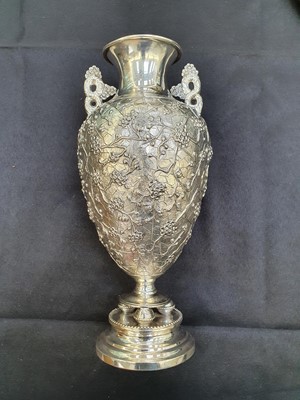 Lot 776 - A CHINESE SILVER 'PRUNUS' VASE, BY WANG HING.