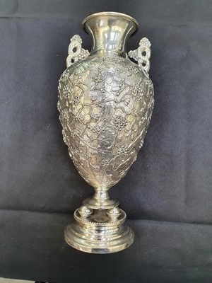 Lot 776 - A CHINESE SILVER 'PRUNUS' VASE, BY WANG HING.