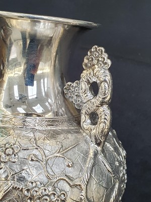 Lot 776 - A CHINESE SILVER 'PRUNUS' VASE, BY WANG HING.