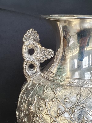 Lot 776 - A CHINESE SILVER 'PRUNUS' VASE, BY WANG HING.