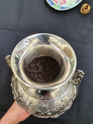 Lot 776 - A CHINESE SILVER 'PRUNUS' VASE, BY WANG HING.
