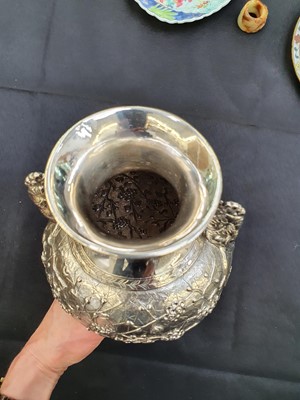 Lot 776 - A CHINESE SILVER 'PRUNUS' VASE, BY WANG HING.