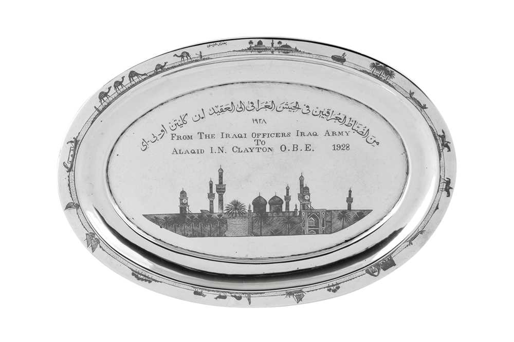 Lot 309 - An early 20th century Iraqi silver and niello tray, Baghdad dated 1928 signed Baghdad Onaisi (Onaisi Al Fayyadh)