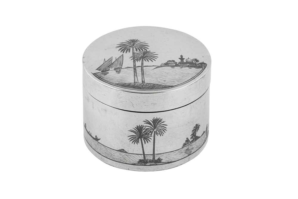 Lot 292 - An early 20th century Iraqi silver and niello dressing table box, circa 1930 signed Baghdad Onaisi (Onaisi Al Fayyadh)