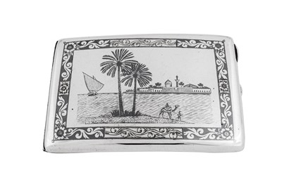 Lot 260 - An early 20th century Iraqi silver and niello cigarette case, Basra dated 1938 signed Shoodod