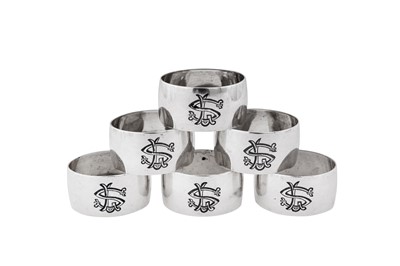 Lot 275 - A set of six mid-20th century Iraqi silver and niello napkin rings, Baghdad dated 1945 signed Dakheel