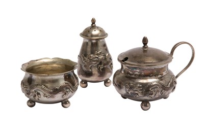 Lot 869 - A CHINESE SILVER CONDIMENT SET.