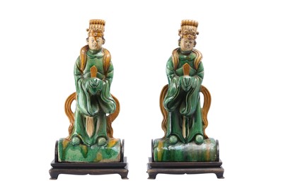 Lot 777 - A PAIR OF CHINESE SANCAI 'COURTIERS' ROOF TILES.