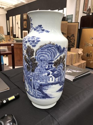 Lot 580 - A LARGE CHINESE BLUE AND WHITE AND UNDERGLAZE RED 'LANDSCAPE' VASE.