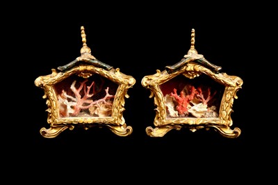 Lot 321 - A PAIR OF 18TH CENTURY ITALIAN GILT WOOD RELIQUARIES WITH CORAL