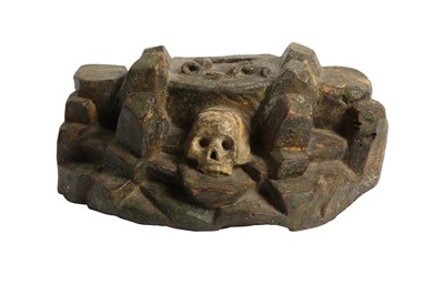 Lot 312 - A  17TH / 18TH CENTURY NORTH EUROPEAN CARVED ELM AND POLYCHROME DECORATED CRUCIFIX BASE WITH SKULL