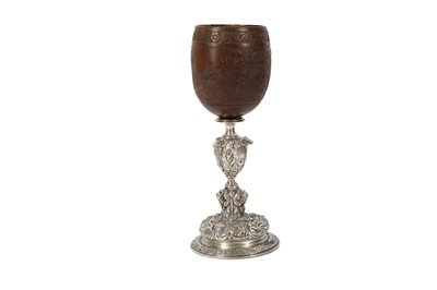 Lot 44 - A FINE 19TH CENTURY FRENCH COCONUT CUP MOUNTED ON AN ELKINGTON TYPE ELECTROPLATED BASE