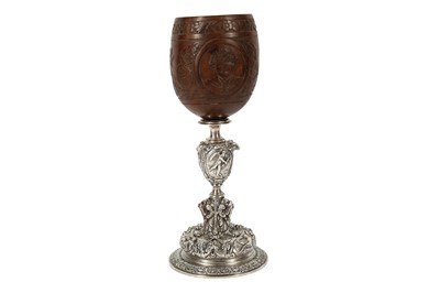 Lot 309 - A FINE 19TH CENTURY FRENCH COCONUT CUP MOUNTED ON AN ELKINGTON TYPE ELECTROPLATED BASE