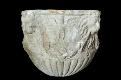 Lot 178 - A 15TH / 16TH CENTURY ITALIAN CARVED MARBLE VESSEL DECORATED WITH LION MASKS AND BIRDS