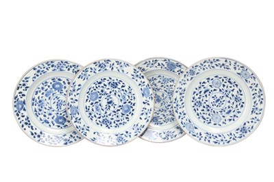 Lot 792 - A SET OF FOUR CHINESE BLUE AND WHITE 'BLOSSOMS' DISHES.