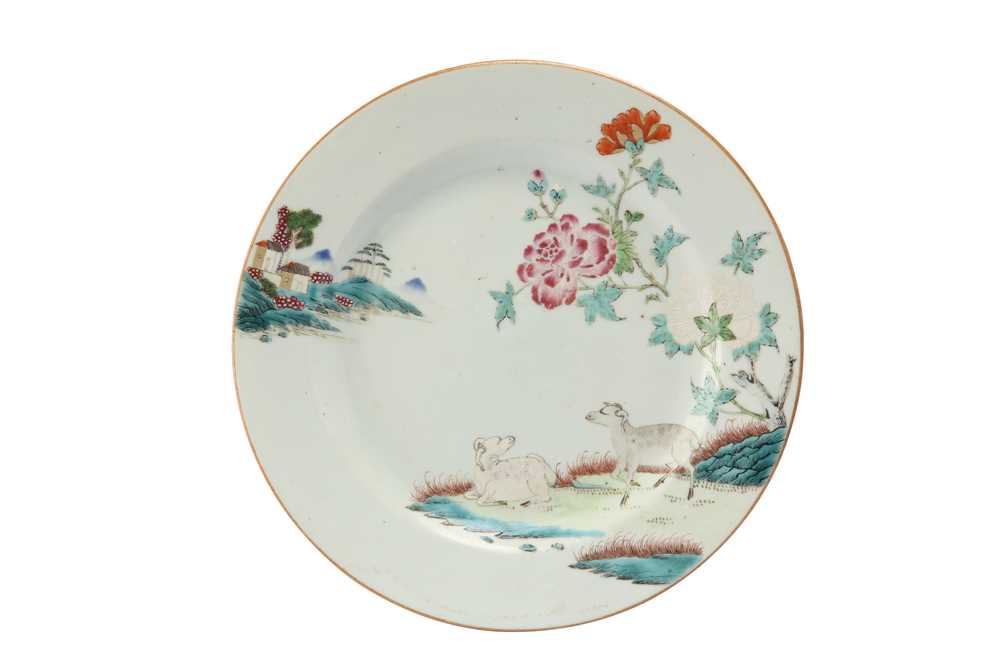 Lot 79 - A CHINESE FAMILLE ROSE 'GOATS' DISH.