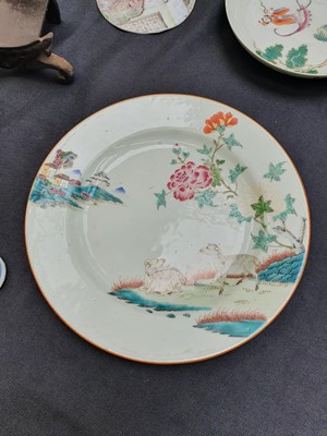 Lot 79 - A CHINESE FAMILLE ROSE 'GOATS' DISH.